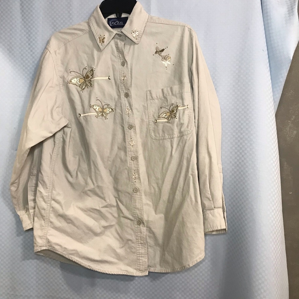 Ladies LasOlas By Ovedinternational Tan Embroidered Shirt Size S 100& Cotton